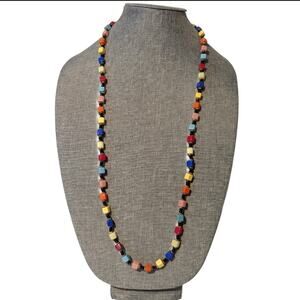 Vintage Art To Wear Long Beaded Glass Stone Boho Colorful Artsy Necklace